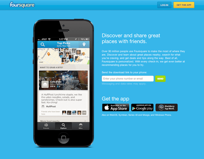 FourSquare Landing Page for mobile app prerelease buzz