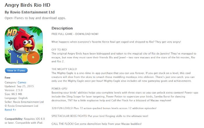 Angry Birds Rio description on iTunes- mobile app prerelease buzz
