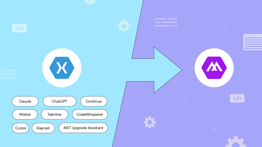 Visualization of Xamarin to MAUI migration with the names and logos of tools.
