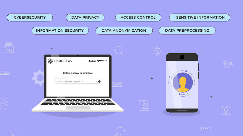 Laptop mockup, on the screen a conversation with AI chat, next to it a phone mockup with a visualization of the flow of personal data, light blue tags with slogans related to data anonymization, light purple background.